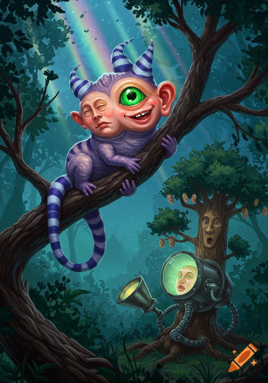 A purple striped creature with two human faces and one green eye clings to a tree branch in a magical forest, while a robot with a human face emerges from the ground.