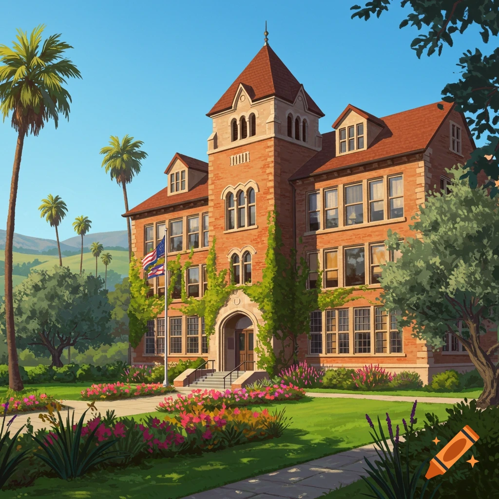 A charming, older multi-story brick school building with a tower, ivy, surrounded by green lawns, colorful flowers, and palm trees under a blue sky, in a cartoon style.