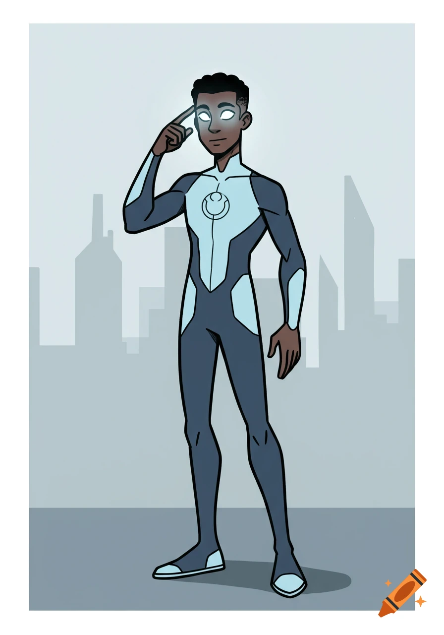 Cartoon of a black male superhero in a blue suit with glowing eyes, touching his temple, in front of a cityscape.