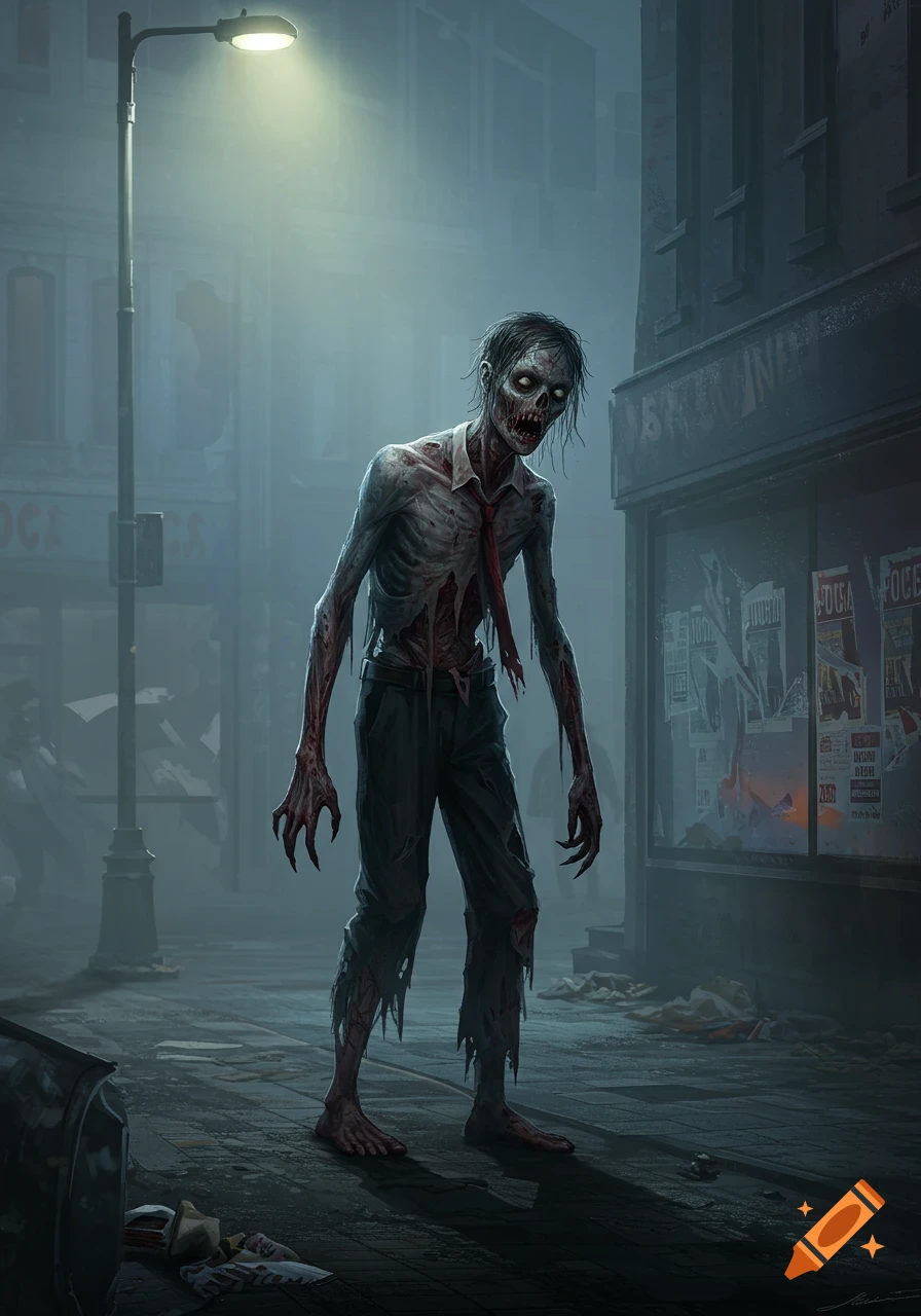 A decaying zombie with exposed ribs and a torn tie shuffles down a foggy, desolate city street at night under a dim streetlamp.