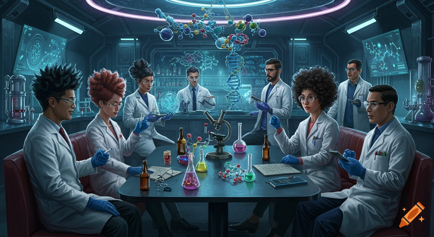 A diverse group of scientists with various hairstyles and lab coats gather around a table in a futuristic lab, surrounded by DNA, microscopes, and colorful beakers.