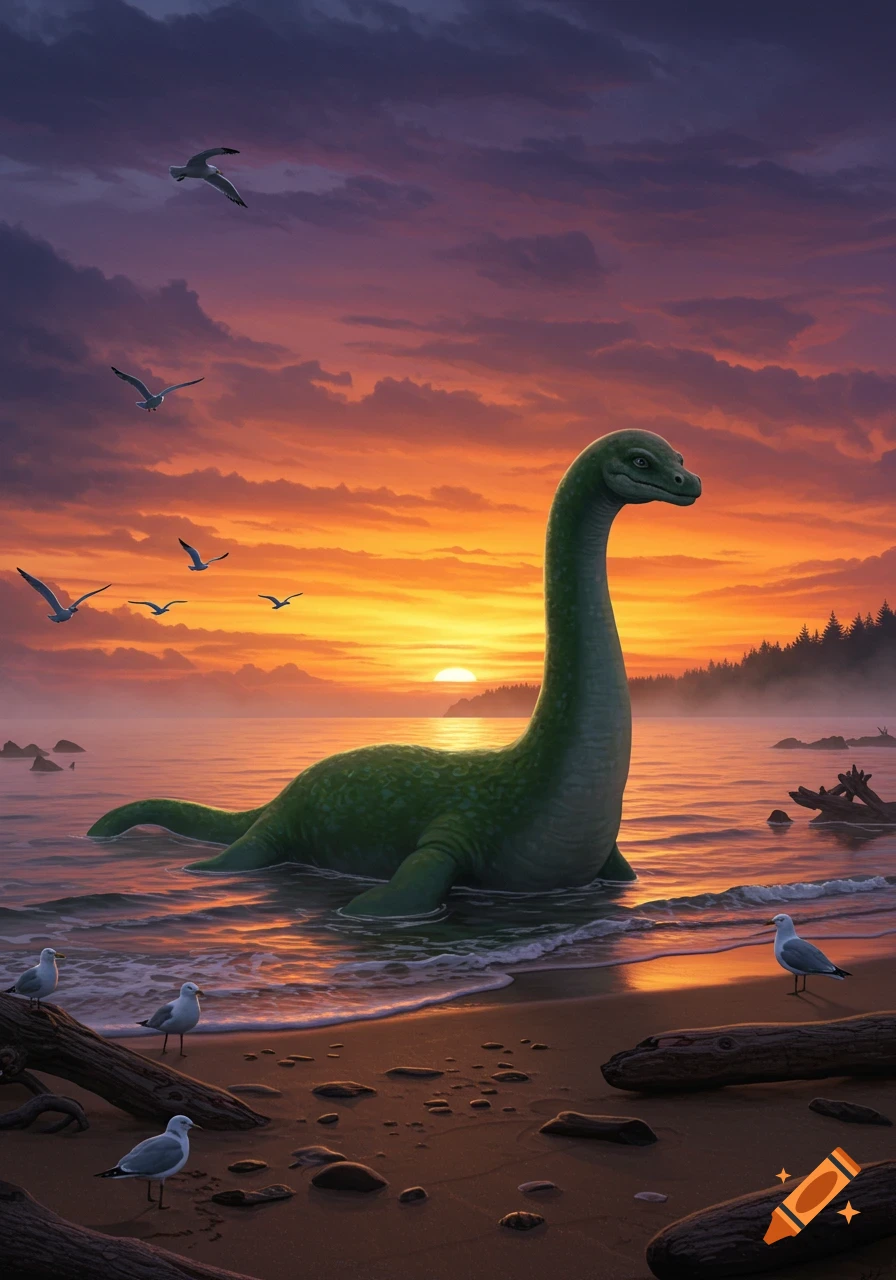 A large green Loch Ness monster sits partially submerged on a beach at sunset, with seagulls flying and on the shore.