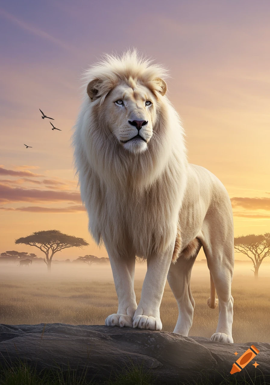 A majestic white lion with a flowing mane stands proudly on a rock in a savanna at sunrise, with acacia trees in the misty distance and birds flying in the pastel sky.