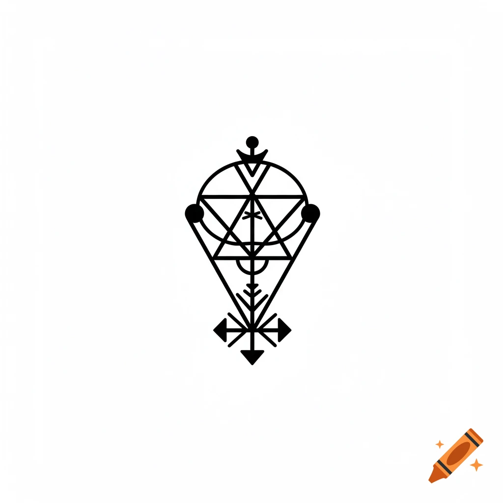 A black geometric symbol or sigil with circles, triangles, and arrows on a white background.