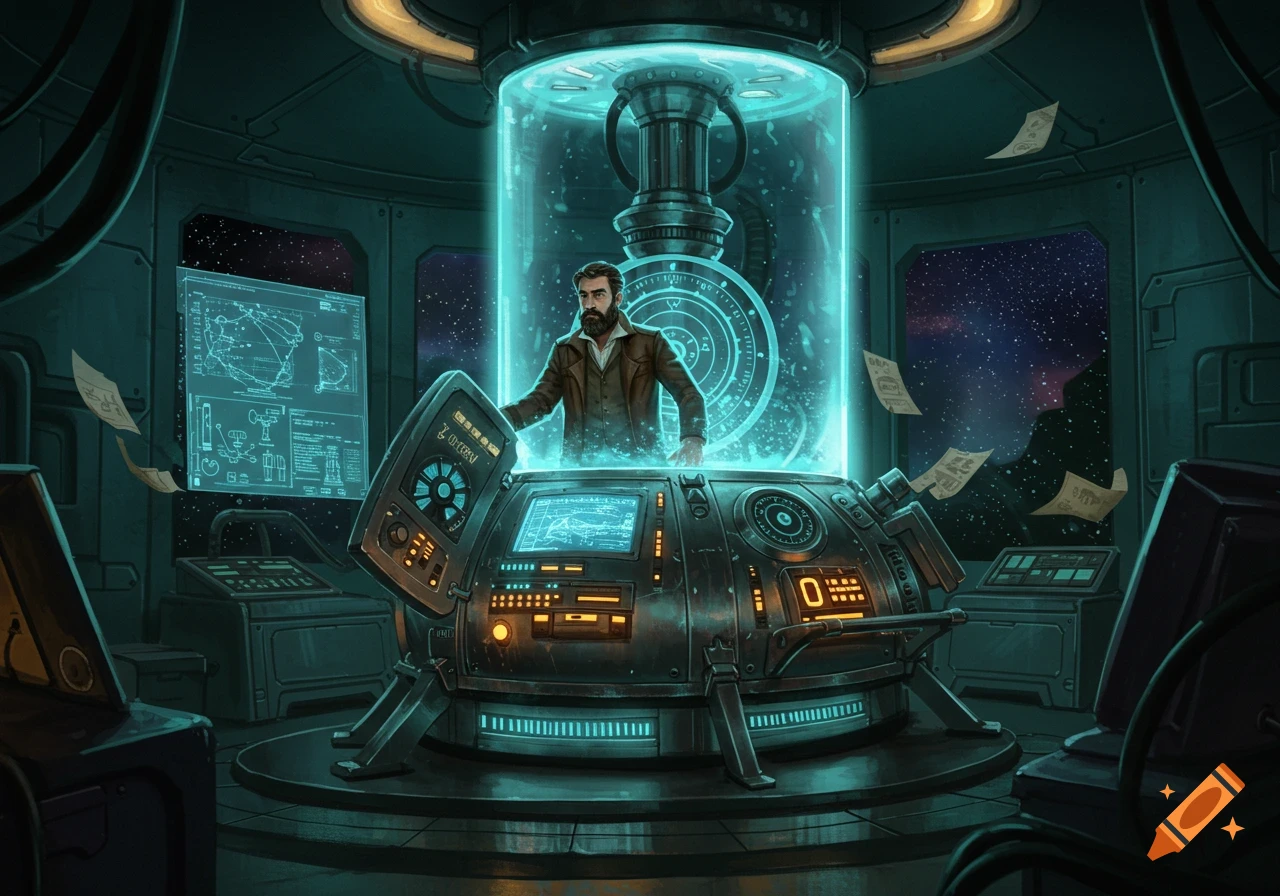 Bearded man in a brown coat stands in a glowing time machine console within a futuristic control room, with space outside.