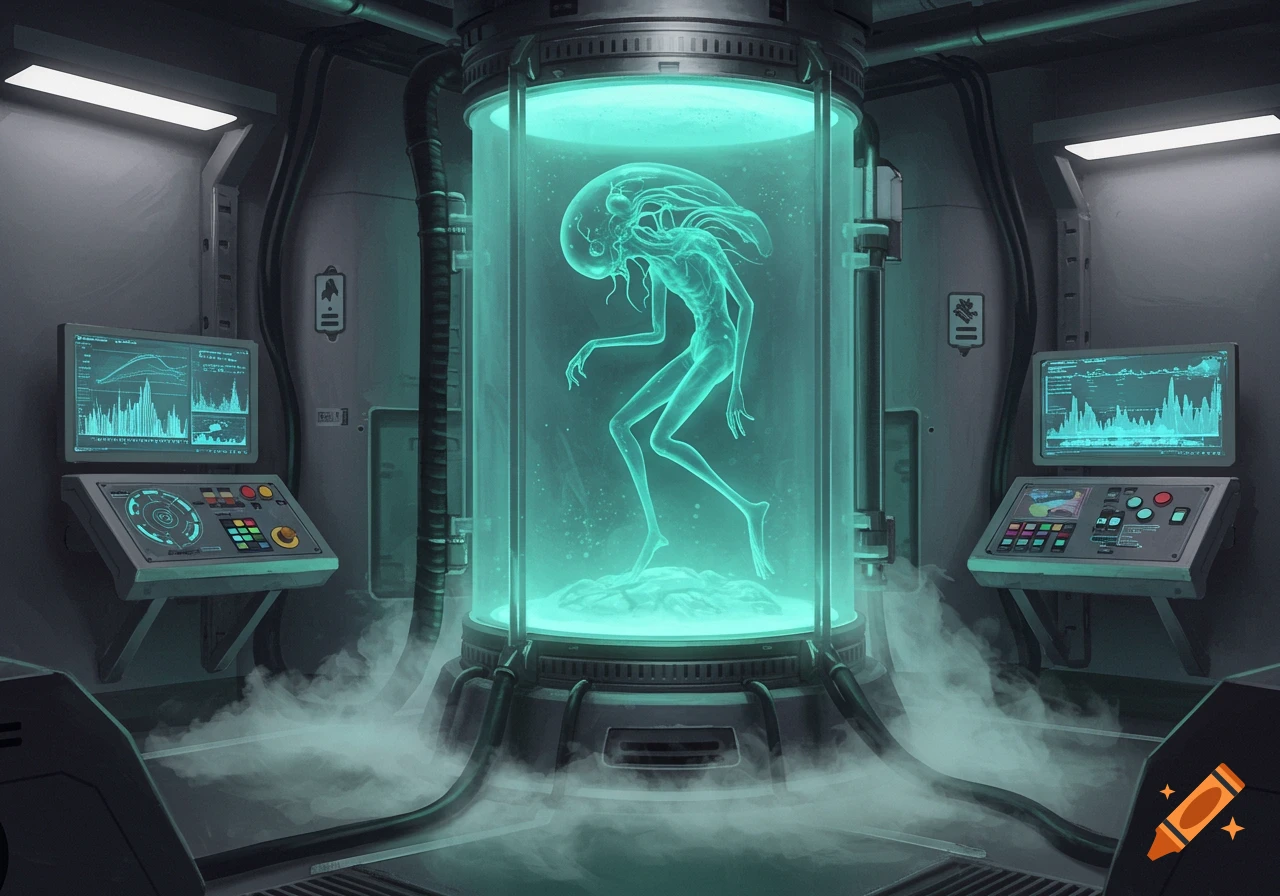 Translucent alien creature in a glowing cryo-storage tube within a dark, high-tech science lab.