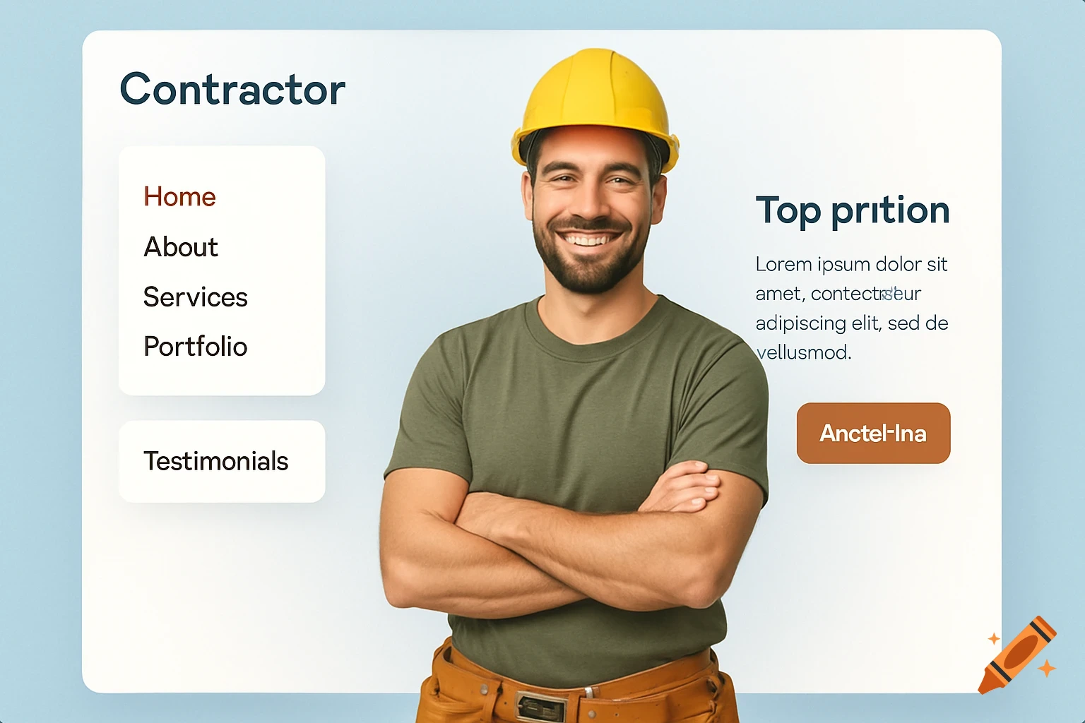 A smiling contractor in a yellow hard hat and green t-shirt stands with crossed arms in front of a light blue and white website profile page UI.