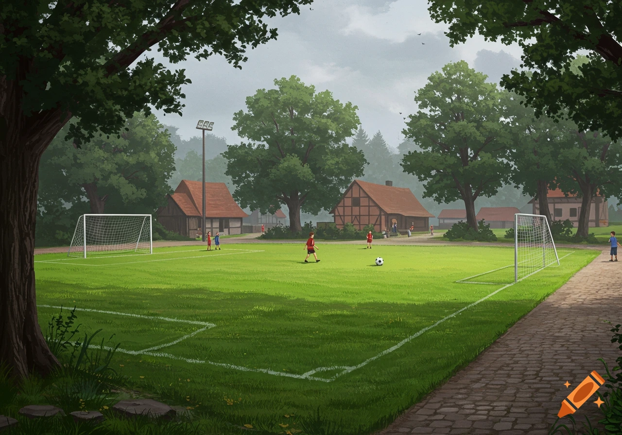 An illustrated view of a soccer field with children playing in a German village with traditional houses and trees.