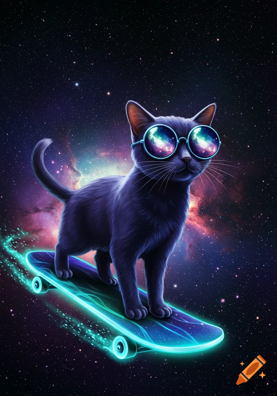 A stylized black cat wearing round sunglasses rides a glowing skateboard through a vibrant starry galaxy.