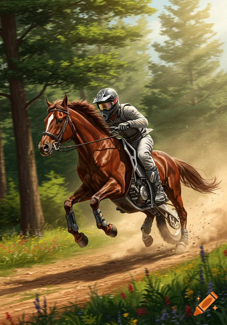 A person in motocross gear rides a horse-dirtbike hybrid through a sunlit forest trail, kicking up dirt. Digital art.
