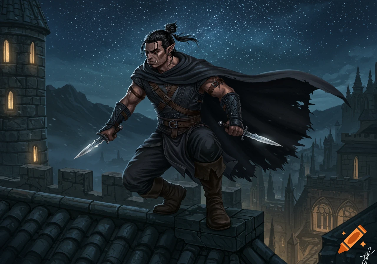 A male half-orc rogue with a top knot, wearing dark armor and a cape, crouches on a castle roof at night with daggers in hand, a fantasy cityscape in the background.