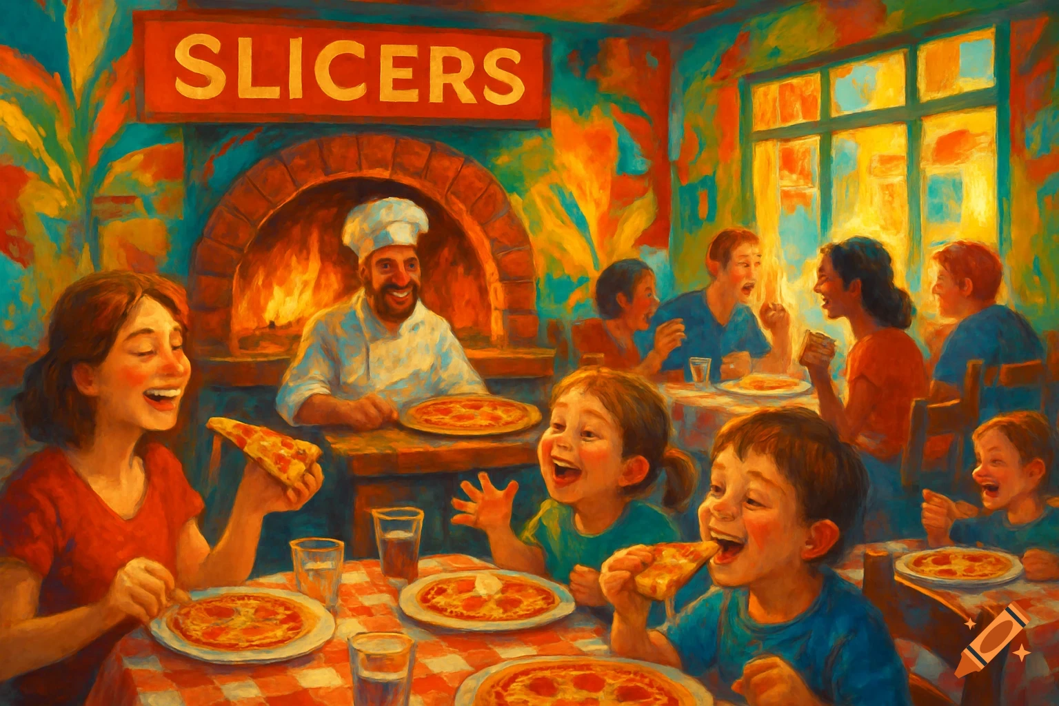 A vibrant painting of a bustling pizza restaurant, "SLICERS", with a chef by the oven and families enjoying pizzas at tables.