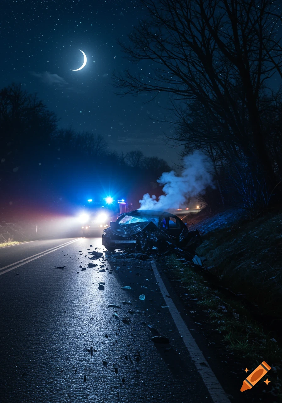 A wrecked car on the side of a dark, wet road at night with debris. An emergency vehicle's blue lights flash, and smoke rises from the car. A crescent moon is visible.