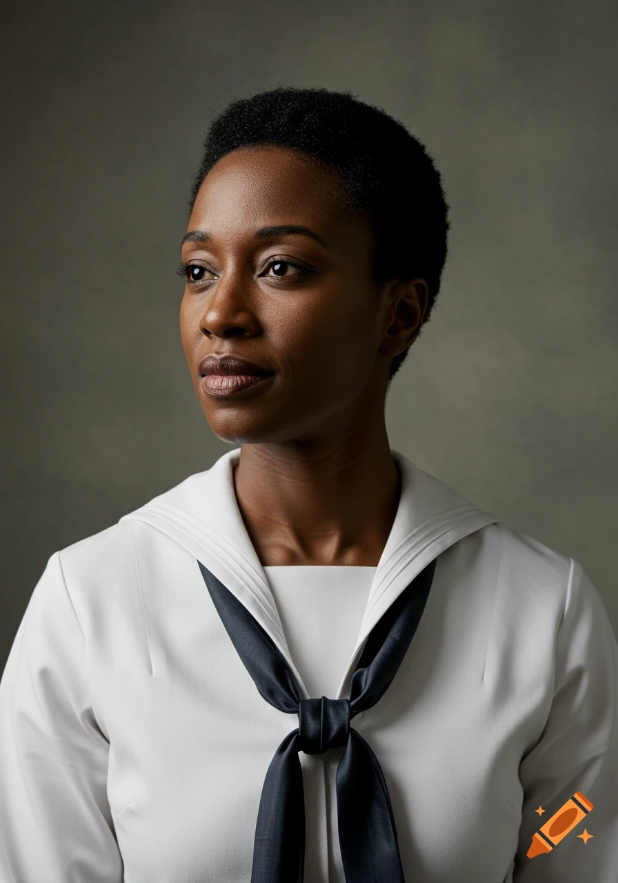 Photorealistic portrait of a Black woman with short hair in a white sailor uniform with a dark tie, looking away.