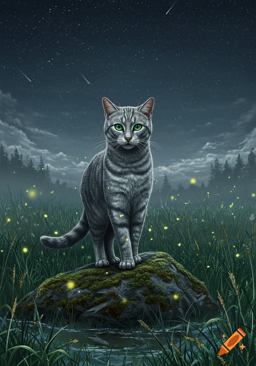 A grey tabby cat with glowing green eyes stands on a mossy rock in a magical, firefly-filled forest at night under a starry sky.