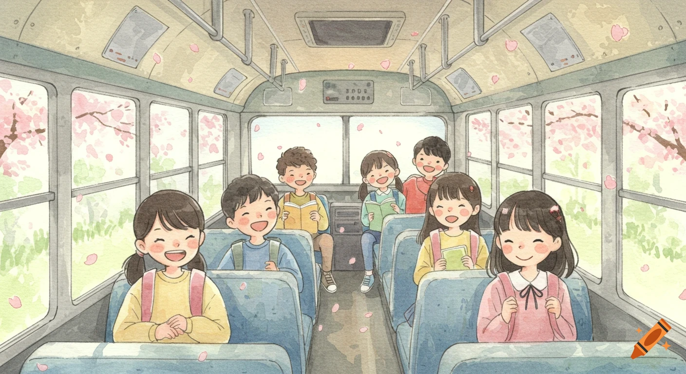 Watercolor illustration of smiling children on a school bus, some reading, with cherry blossom petals floating outside.