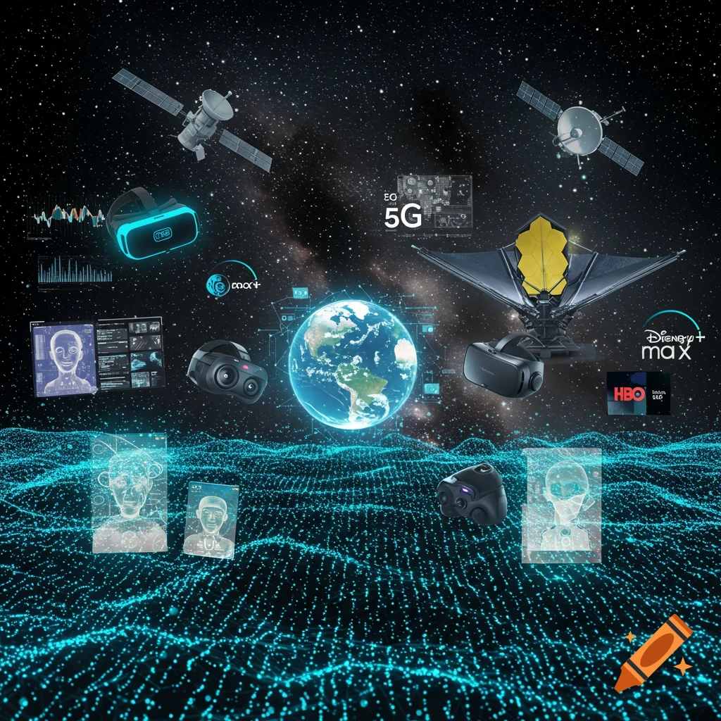 Digital illustration of technology in space: Earth, satellites, James Webb Telescope, VR headsets, 5G, and streaming logos.