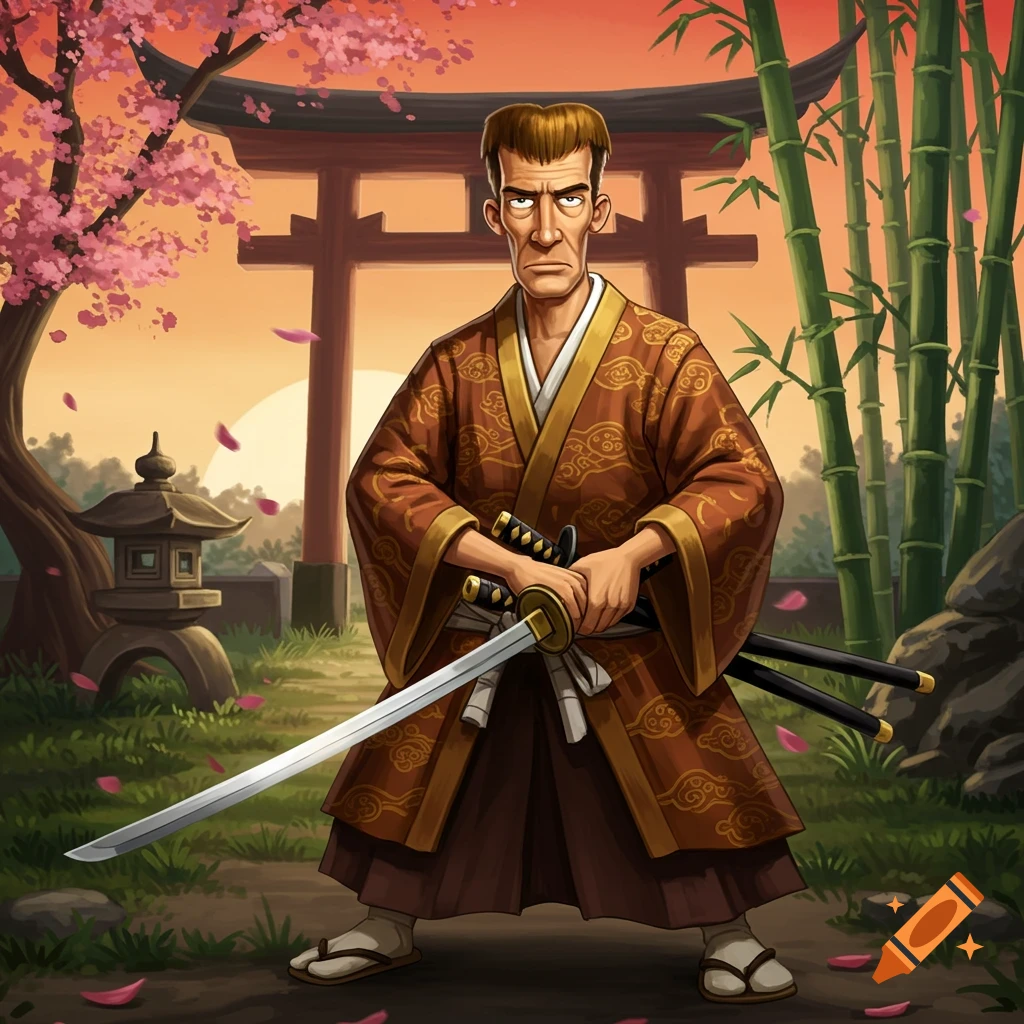 Cartoon Hank Hill as a samurai in a Japanese garden, holding two katanas with a torii gate and cherry blossoms in the background.