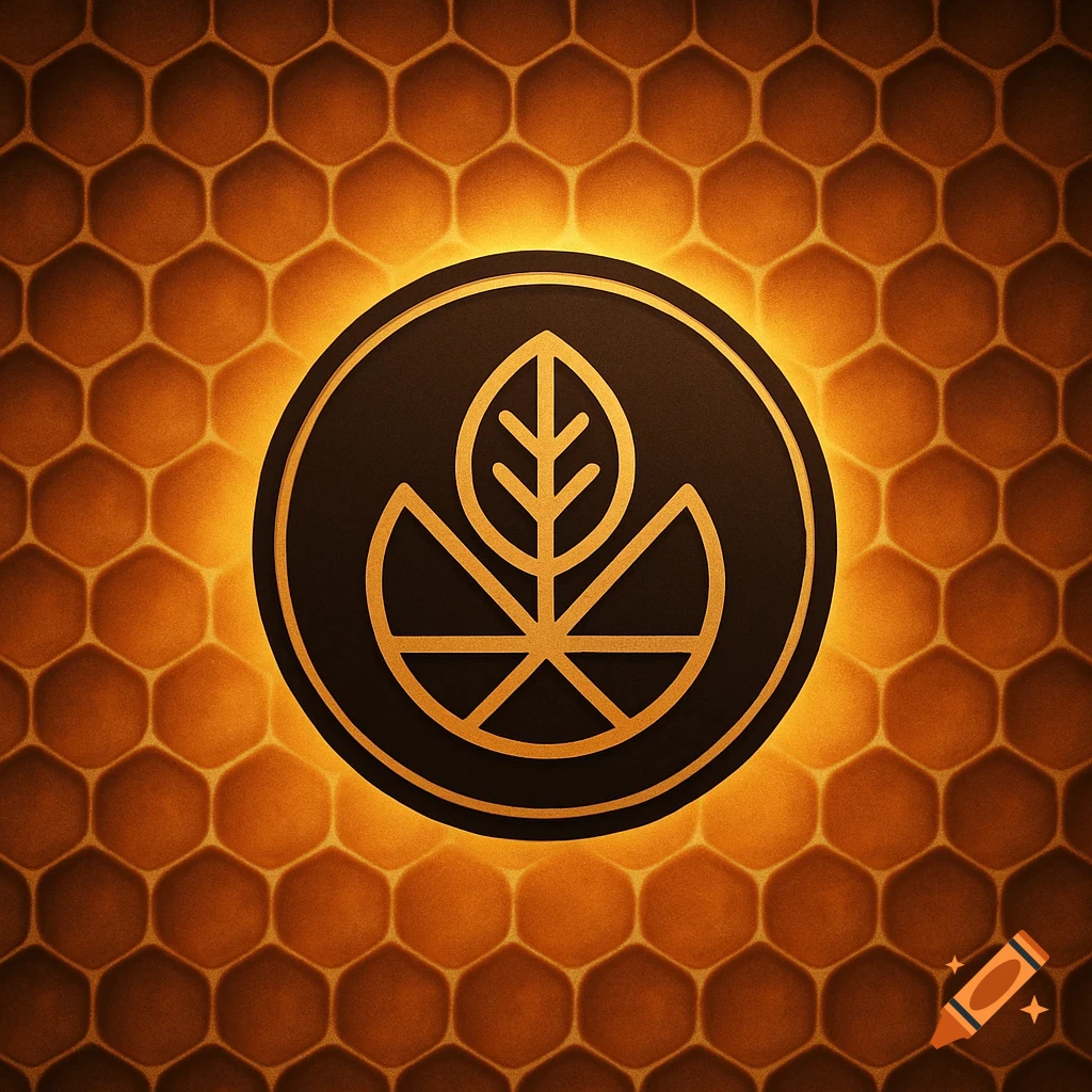 A dark brown circular logo with a golden stylized leaf sits on a glowing golden honeycomb background.