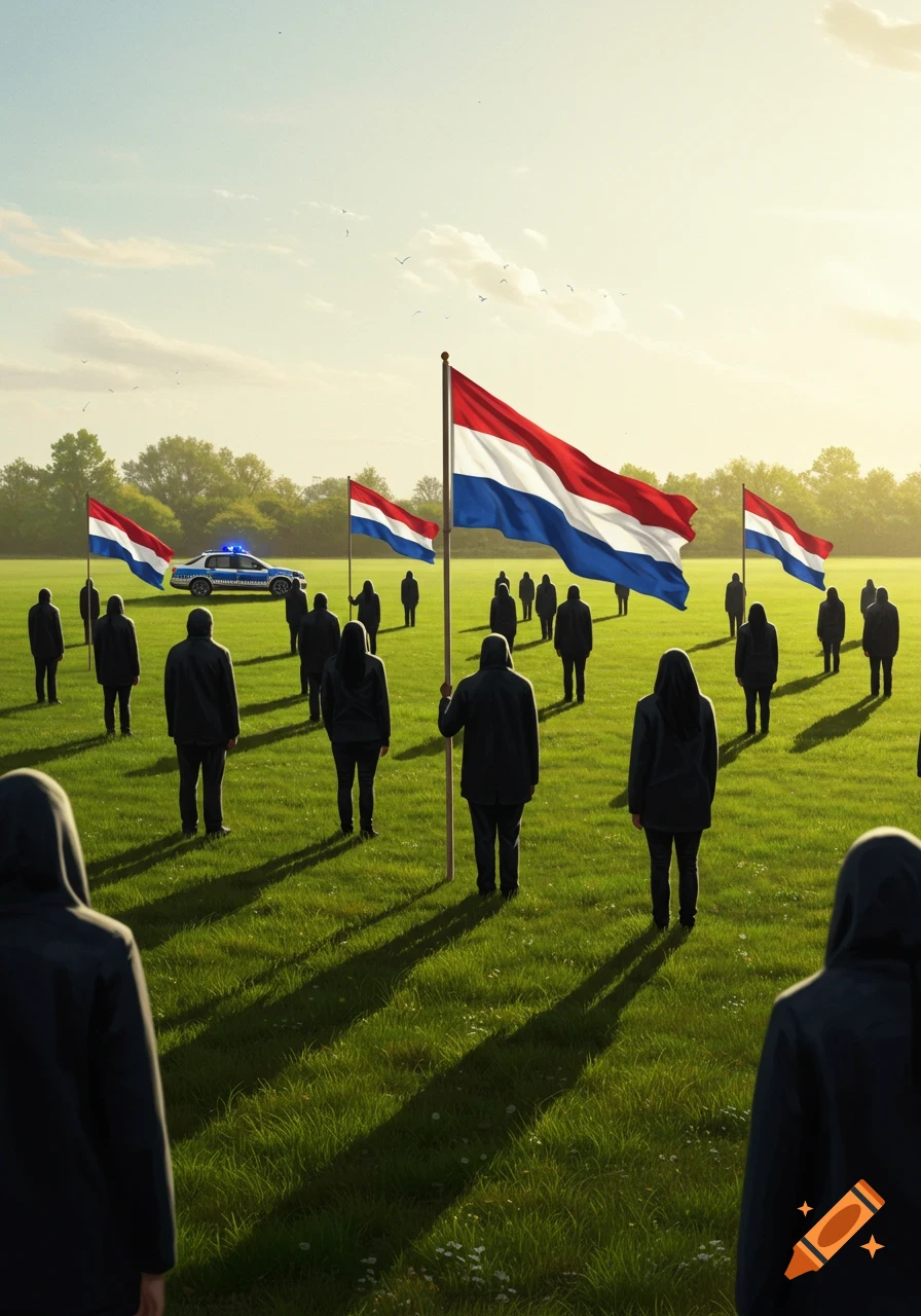 People in black hold Dutch flags during a protest in a grassy field with a police car in the background.