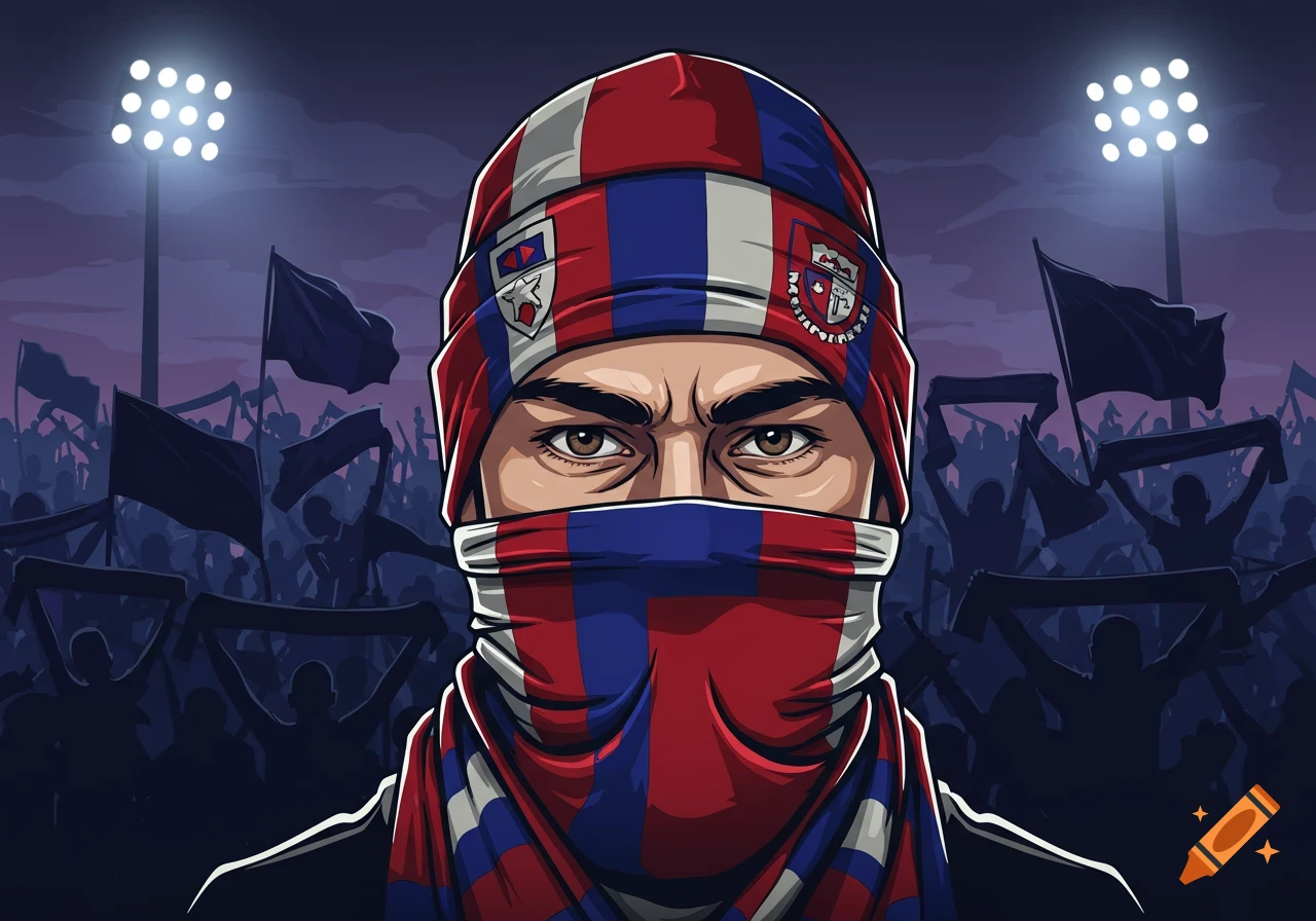 Vector illustration of a stern football ultra wearing a red, blue, and white striped beanie and face scarf, with a stadium crowd and lights in the background.