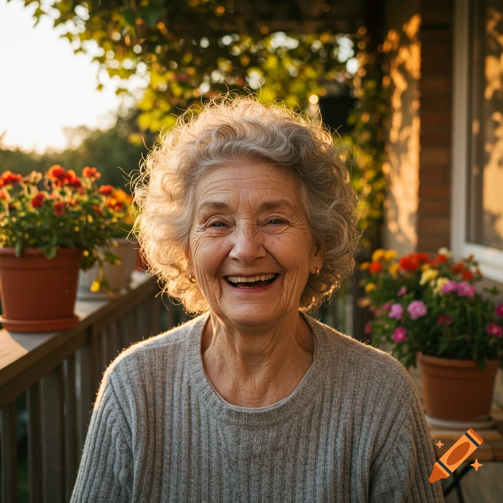 Photorealistic portrait of a smiling old woman with curly grey hair on a sunny porch with flowers.