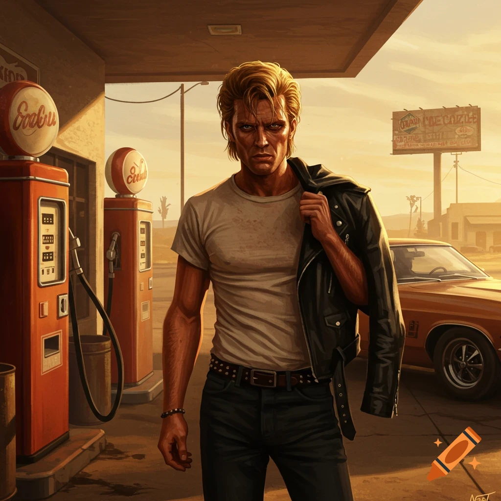 A gritty, retro-styled portrait of a blond man in a white t-shirt and leather jacket at a desert gas station at sunset.