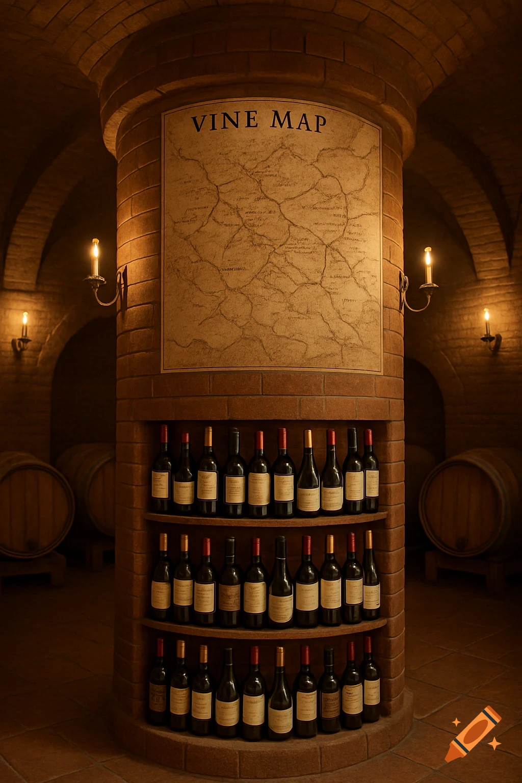 Photorealistic image of a brick column displaying a 'VINE MAP' and shelves filled with wine bottles in a dimly lit cellar with barrels.