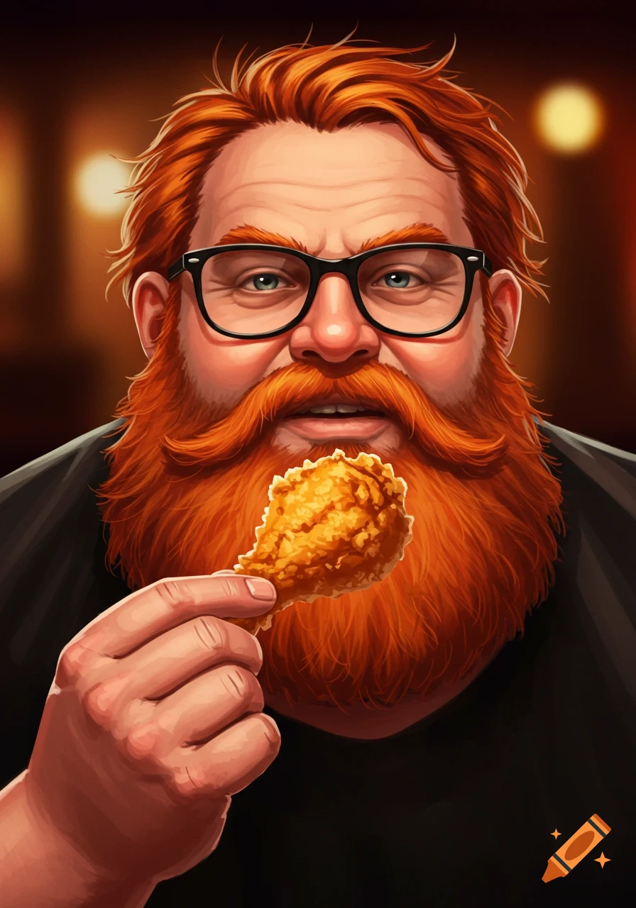 Illustrated portrait of a heavy-set man with a large red beard and black glasses holding fried chicken.