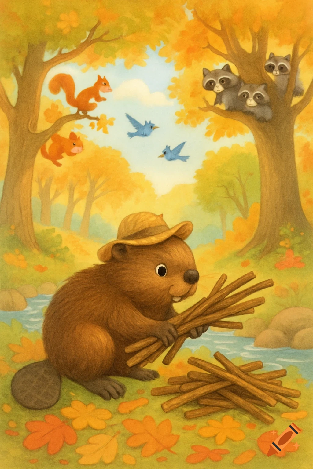 A cheerful beaver in a hat collects sticks by a stream in an autumn forest, watched by raccoons, squirrels, and birds in a children's book illustration.