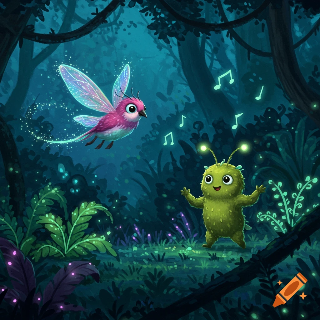 Cute pink fairy bird with glowing wings flies over a happy green creature in an enchanted forest, with musical notes.