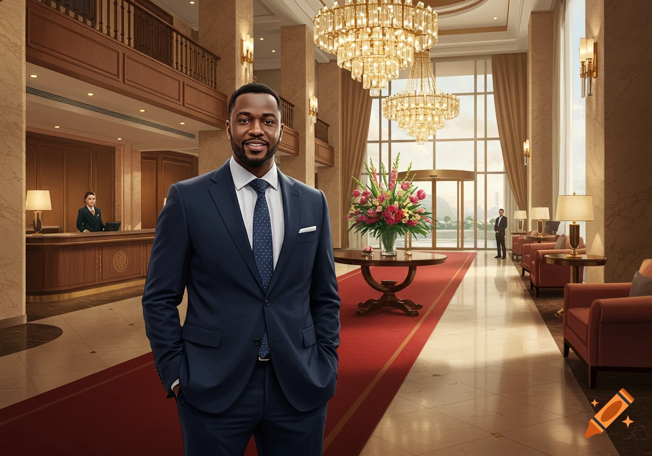 A smiling Black man in a dark blue suit stands in a luxurious hotel lobby with chandeliers, a reception desk, and a large flower arrangement.
