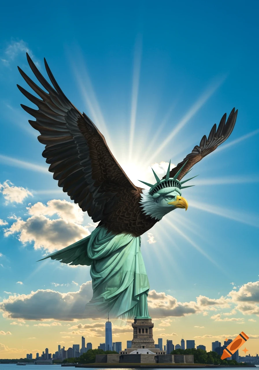 A majestic eagle with the head and crown of the Statue of Liberty soars over the New York City skyline and Liberty Island.