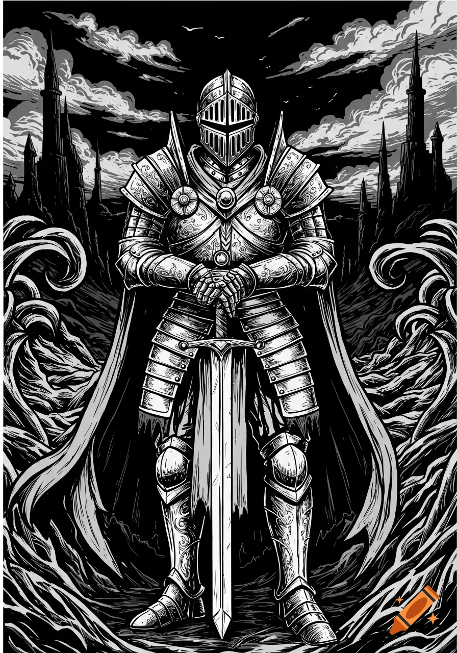 A detailed black and white vector illustration of a knight in full armor, standing with a sword in a dark, gothic landscape with castles.
