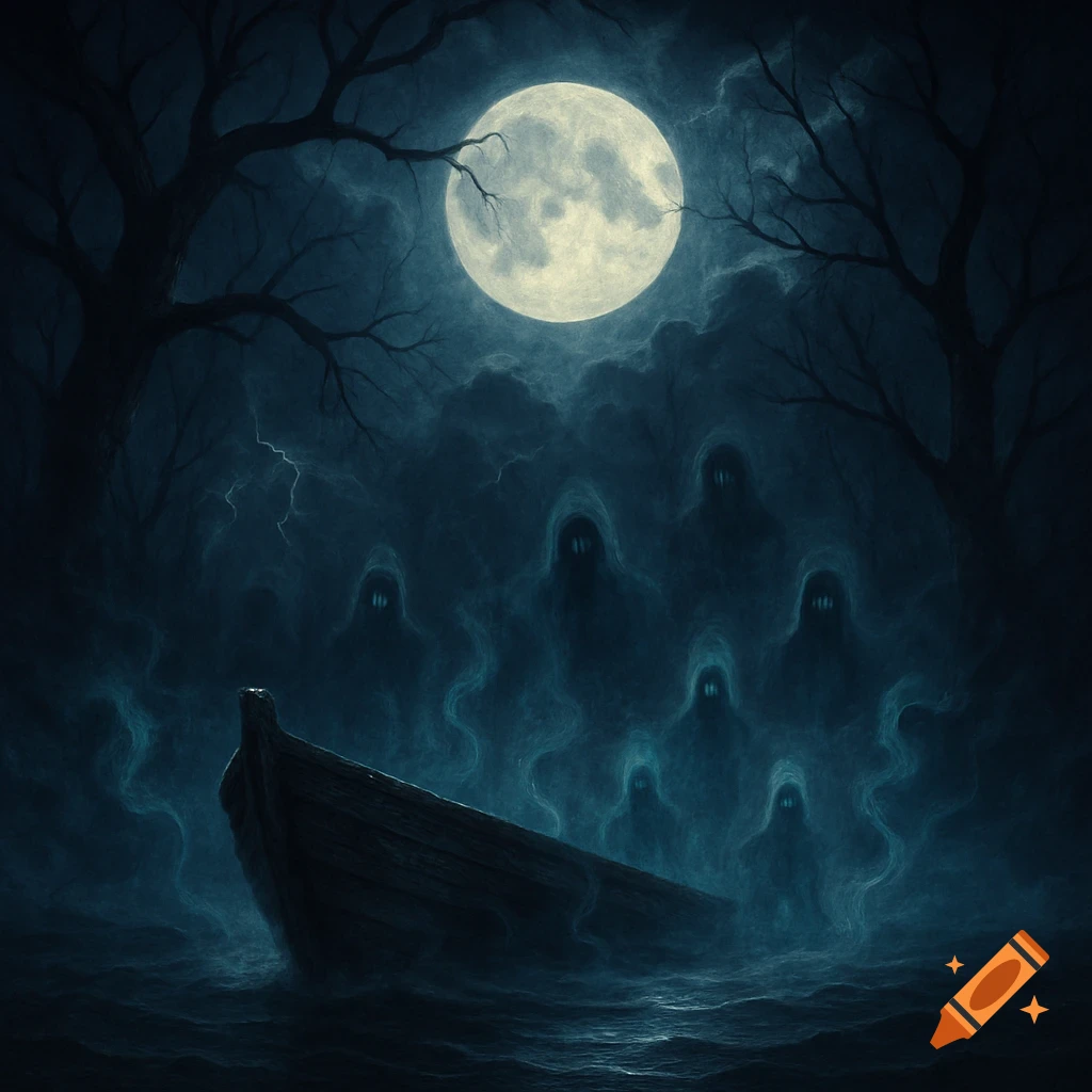 A spooky scene with a wooden boat on stormy water, surrounded by ethereal, cloaked ghost figures under a large full moon, with dark trees framing the scene.