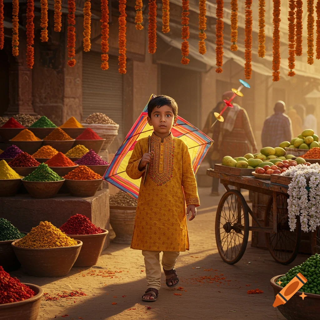 A young Indian boy in traditional attire holds a colorful kite, walking through a vibrant market with spices and fruits. Photorealistic.