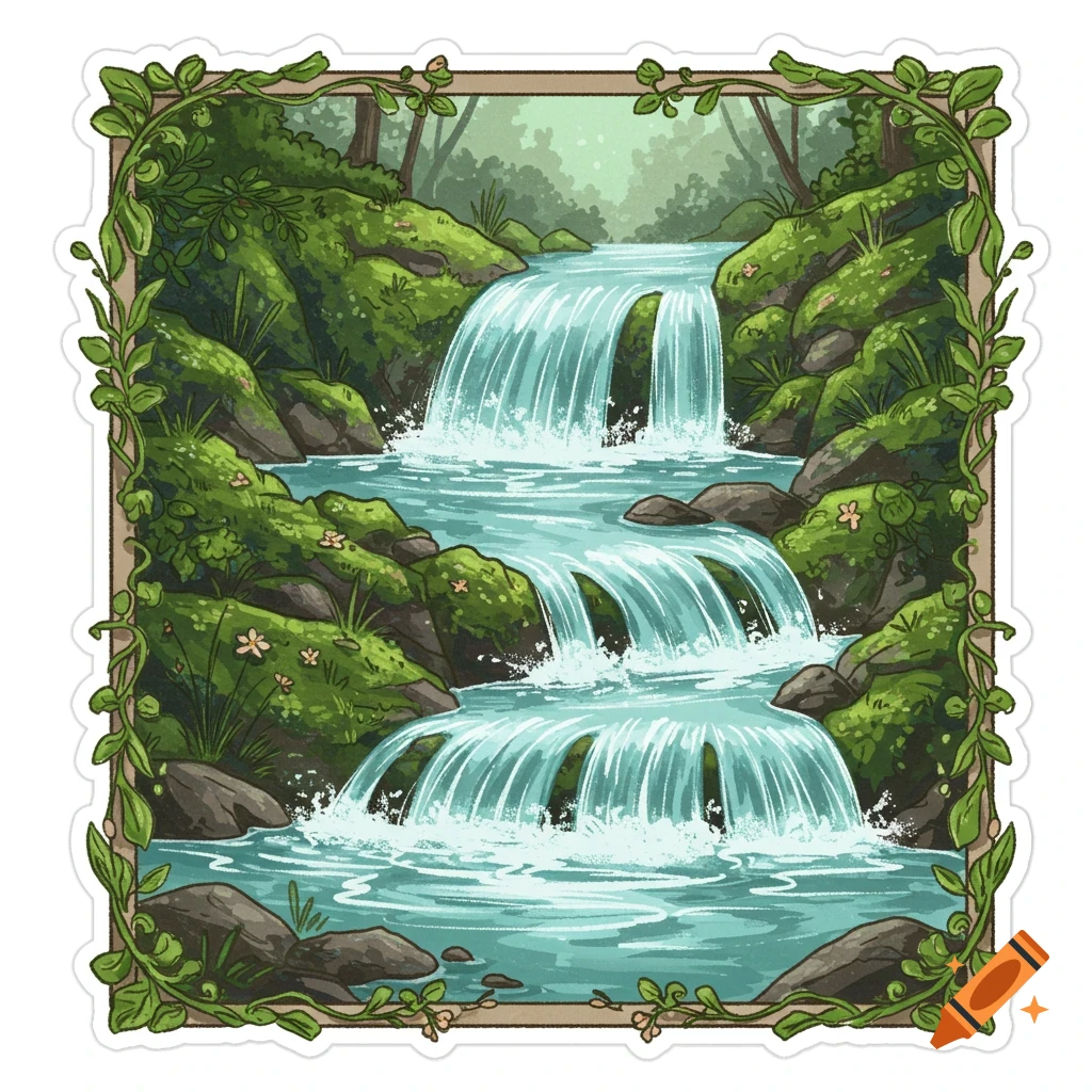 Hand-drawn sticker art of a multi-tiered waterfall flowing over mossy rocks and framed by green vines.