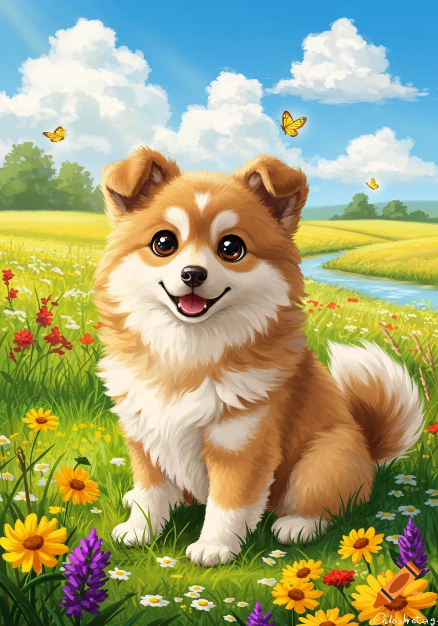 A fluffy, cute cartoon dog sits in a vibrant field of wildflowers under a blue sky with clouds and butterflies.