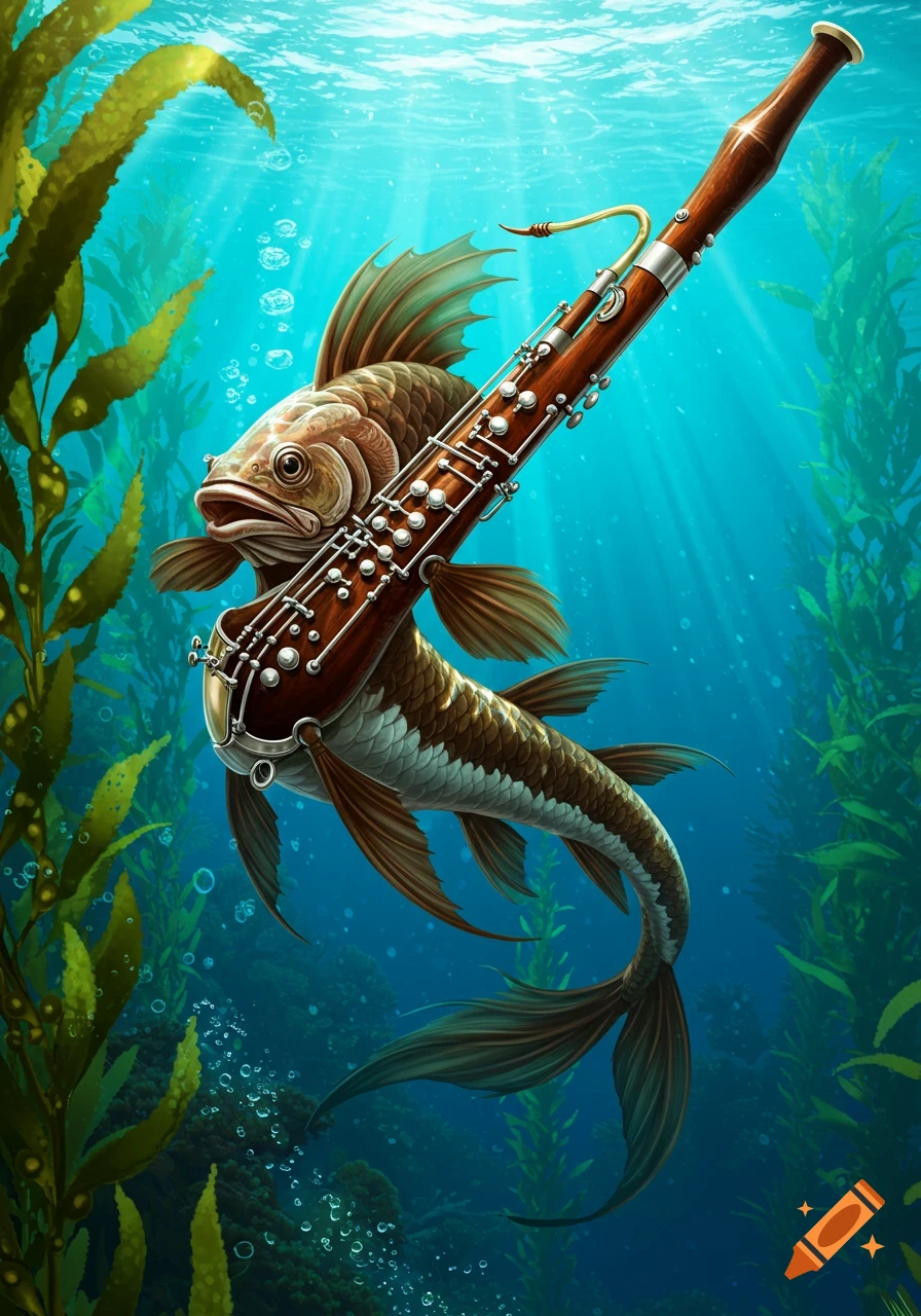 A surreal, detailed illustration of a fish-bassoon hybrid swimming gracefully in a vibrant underwater kelp forest.