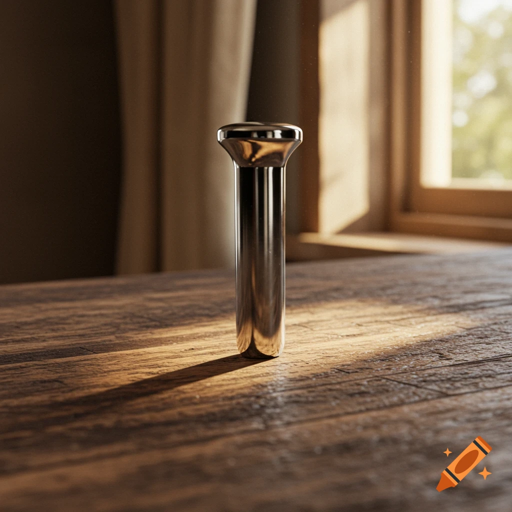 A shiny metal object stands upright on a rustic wooden table, illuminated by sunlight from a window.