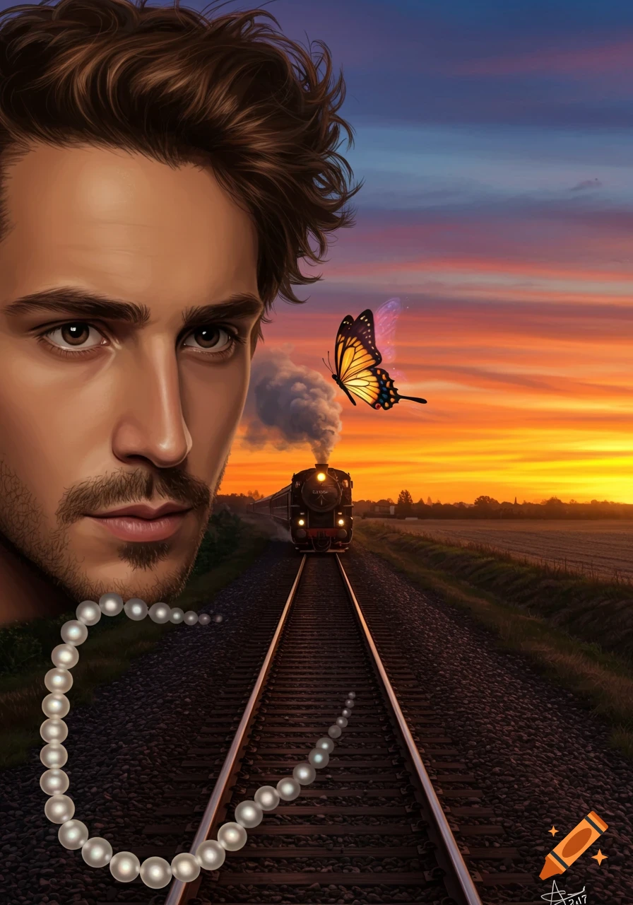 A stylized portrait of a man's face overlooks a sunset scene with a train on railroad tracks, a butterfly, and scattered pearls.