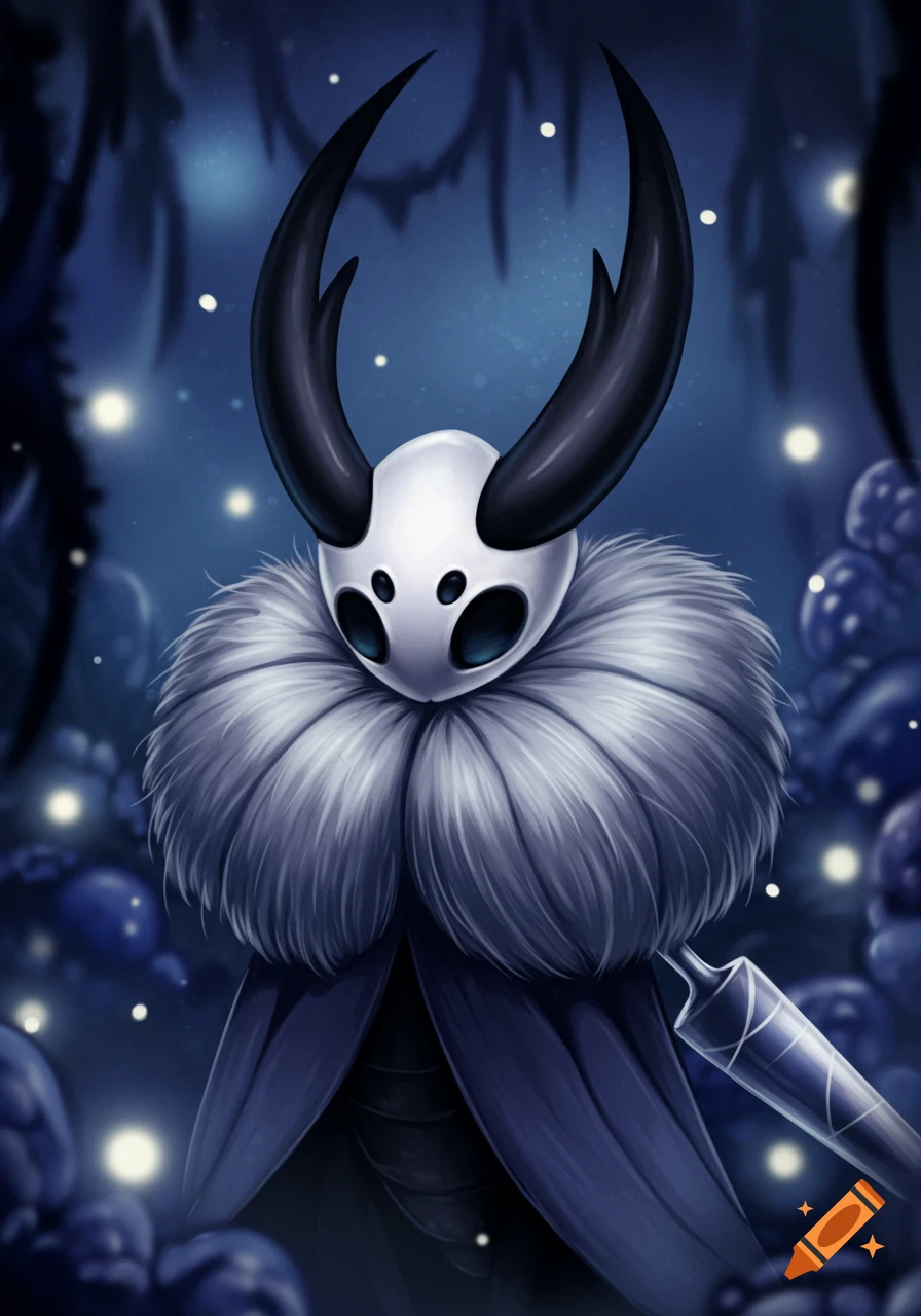 A stylized bug-like character from Hollow Knight with a white mask, large black horns, and a fluffy grey neck ruff, set against a dark blue forest with glowing particles.
