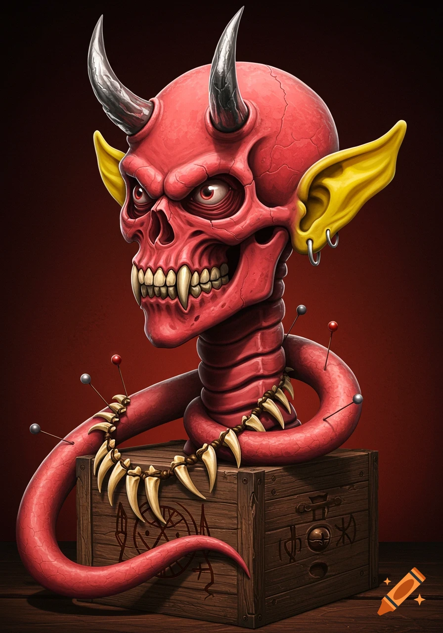 A stylized red demon skull with silver horns and yellow ears, its snake-like neck emerging from a wooden voodoo box, adorned with a teeth necklace and pins.