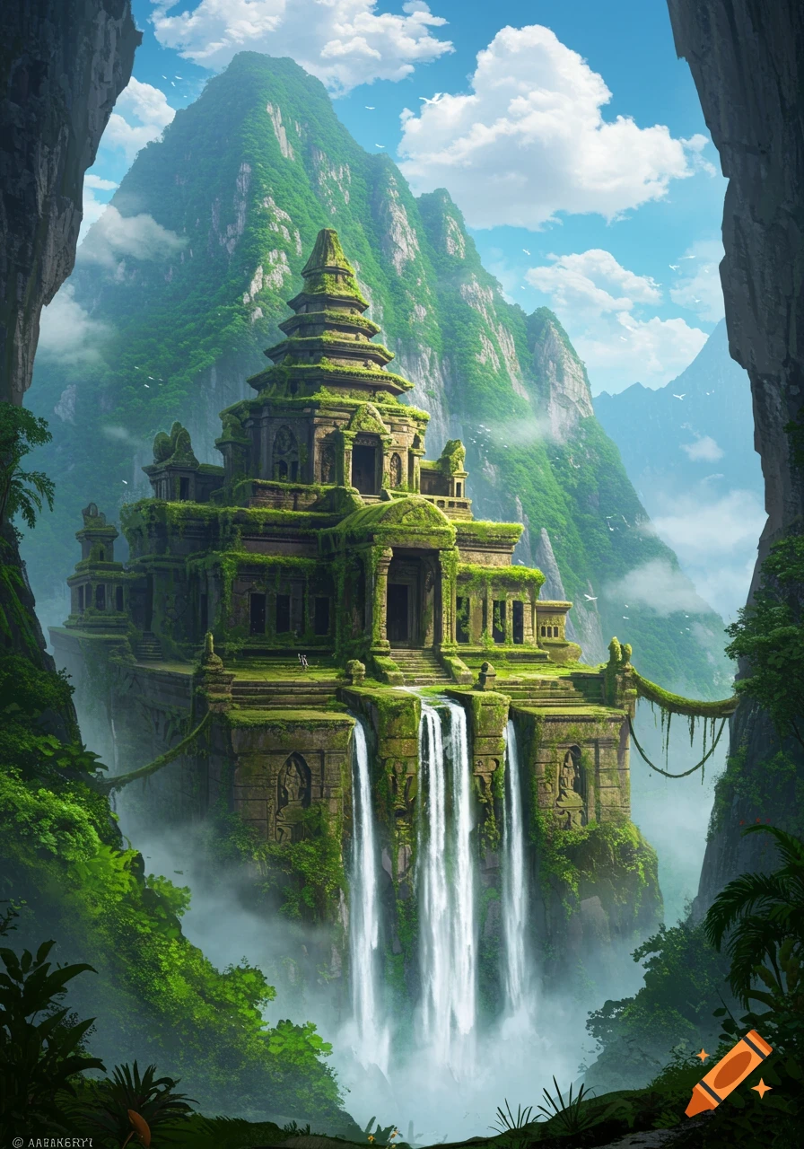 A moss-covered ancient temple with tiered pagodas built into a lush green mountain cliff, with waterfalls cascading into a misty jungle.