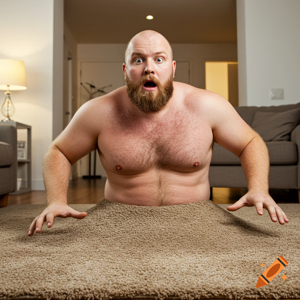 A surprised bald, bearded, shirtless man with a stout build appears to be sinking into a brown carpet in a living room.
