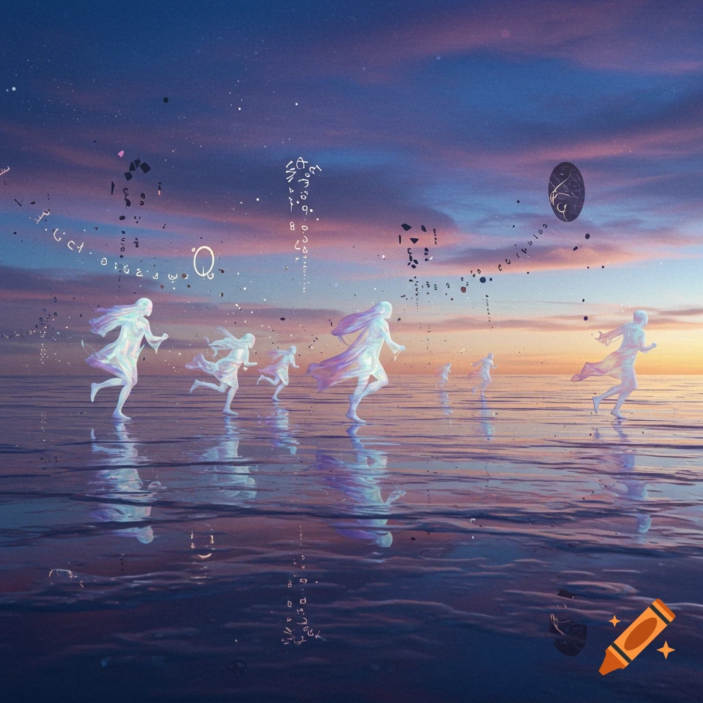 Glowing, translucent figures run across a reflective surface at sunset, with abstract symbols floating in the vibrant sky.