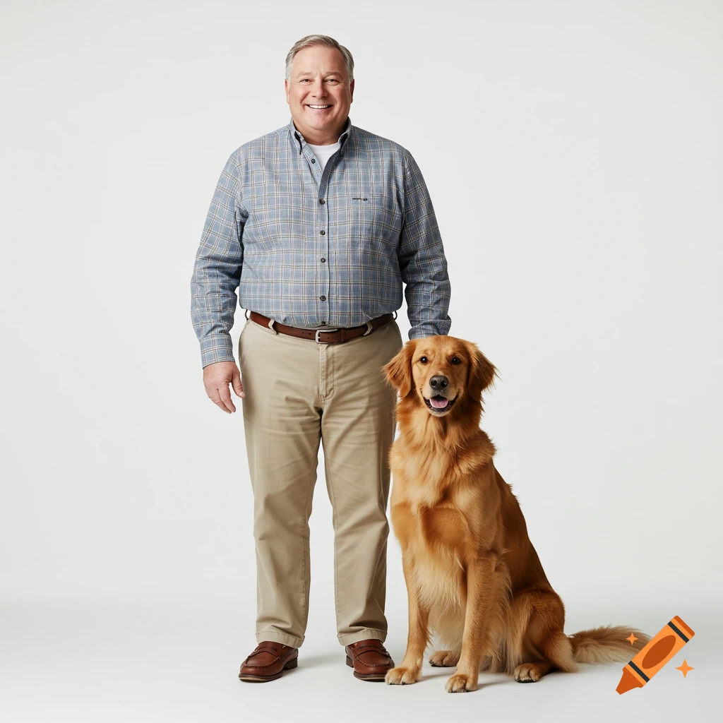 A smiling man in a plaid shirt and khaki pants stands beside a golden retriever sitting on a white background.