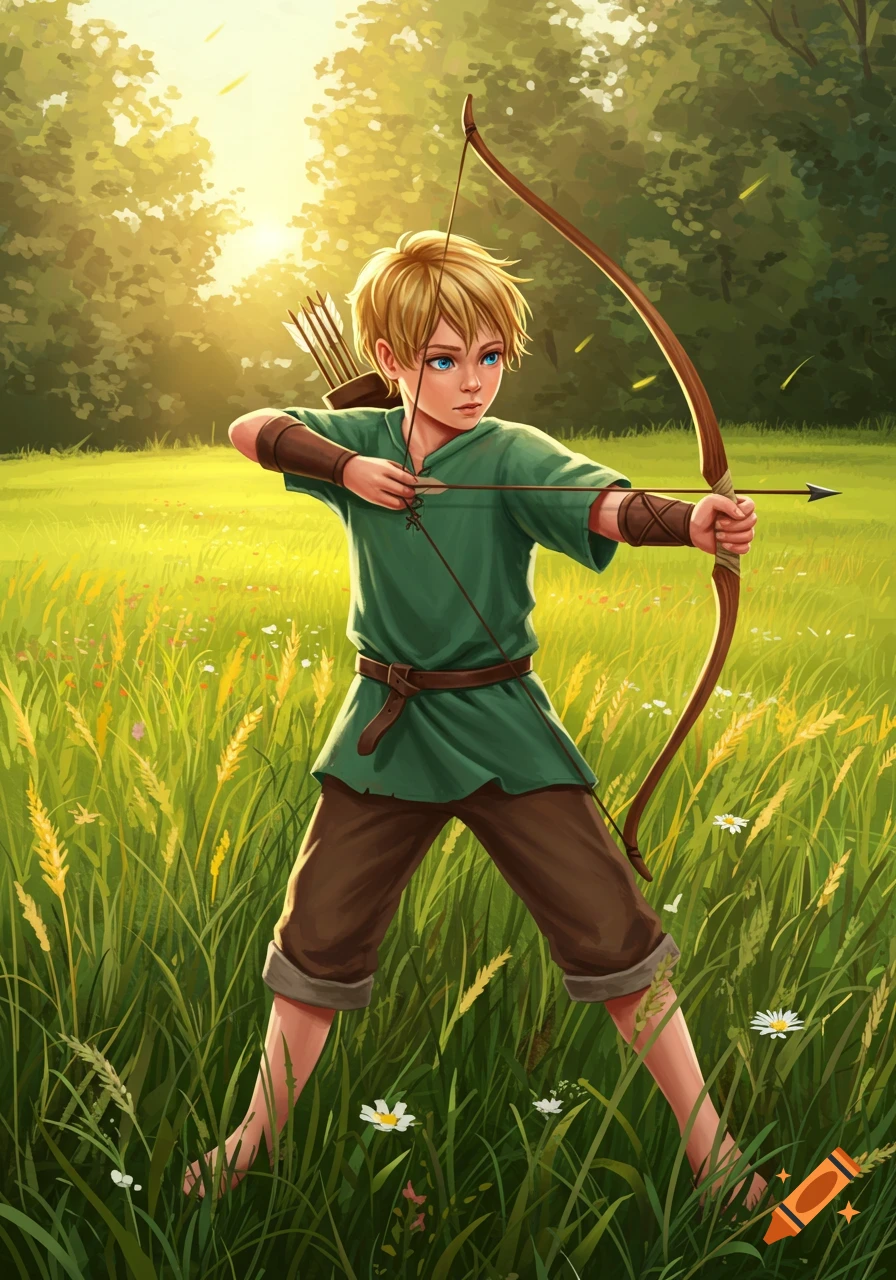 Blond boy with blue eyes aiming a bow and arrow in a sunny, grassy field with a forest in the background. Illustrated style.