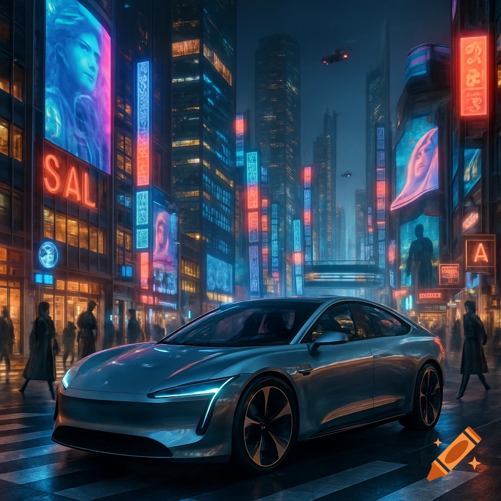 A sleek silver electric car drives through a vibrant, neon-lit futuristic city at night, with towering skyscrapers and pedestrians.