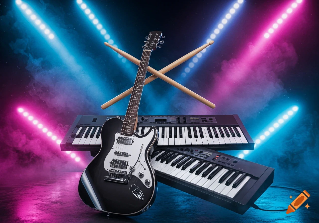 Electric guitar and two keyboards on a smoky stage with blue and pink neon lights, crossed drumsticks above.